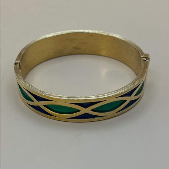 4022-PTT Vintage Signed Napier Bangle Goldtone Metal Blue & Green Geometric - Picture 2 of 13